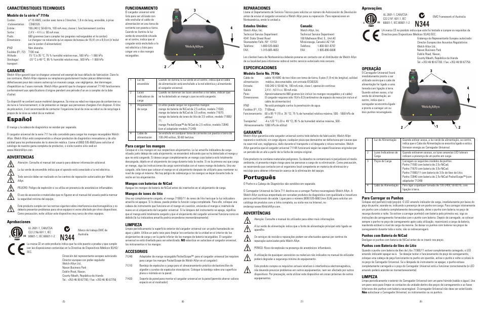 Caractéristiques techniques, Modèle de la série no 7114x, Garantie | Español, Advertencias, Aprobaciones, Funcionamiento, Para cargar los mangos, Mangos con baterías de nicad, Mangos de iones de litio | Welch Allyn 7114x Desk Charger - User Manual User Manual | Page 2 / 8