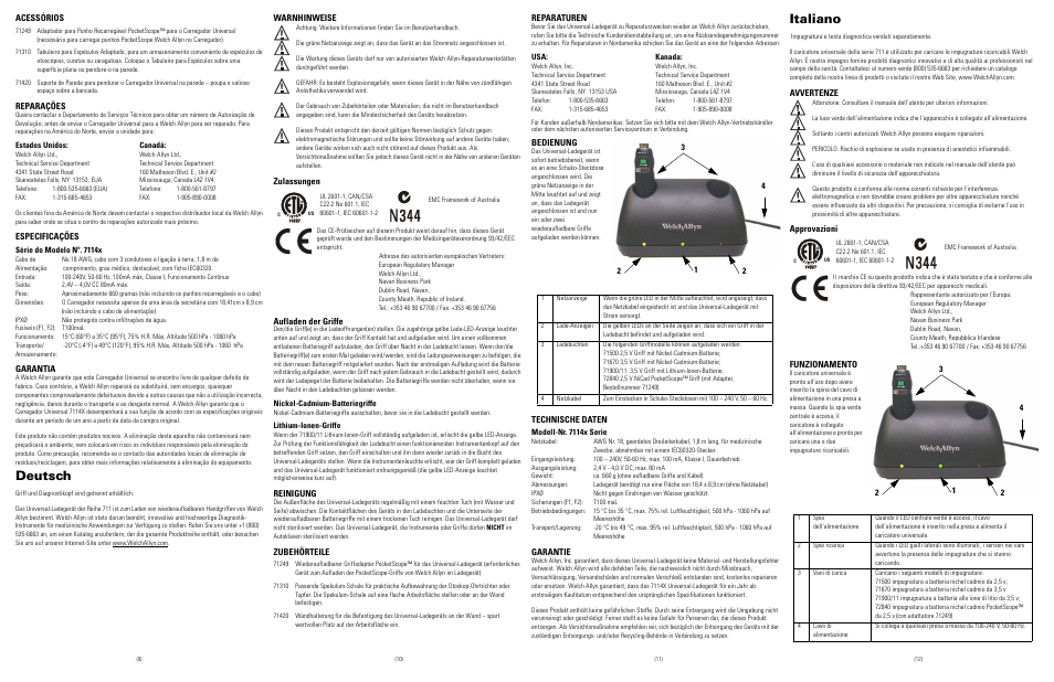 Acessórios, Reparações, Estados unidos: canadá | Especificações, Série do modelo nº. 7114x, Garantia, Deutsch, Warnhinweise, Zulassungen, Aufladen der griffe | Welch Allyn 7114x Desk Charger - User Manual User Manual | Page 3 / 8