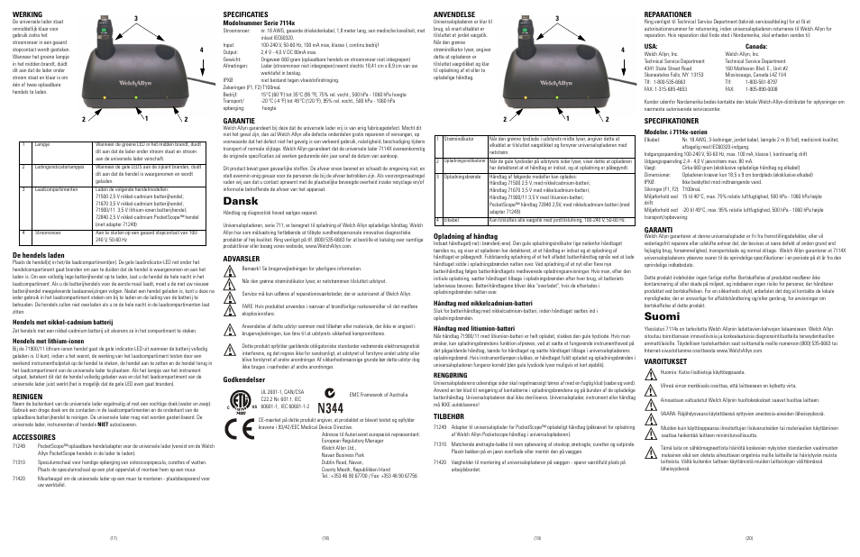 Werking, De hendels laden, Hendels met nikkel-cadmium batterij | Hendels met lithium-ionen, Reinigen, Accessoires, Specificaties, Modelnummer serie 7114x, Garantie, Dansk | Welch Allyn 7114x Desk Charger - User Manual User Manual | Page 5 / 8