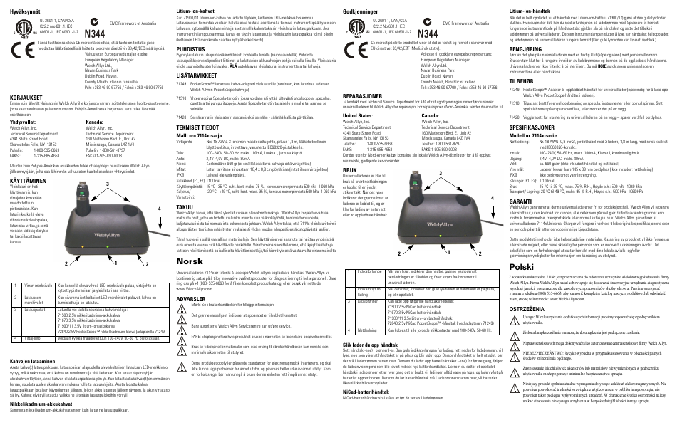 Hyväksynnät, Korjaukset, Yhdysvallat: kanada | Käyttäminen, Kahvojen lataaminen, Nikkelikadmium-akkukahvat, Litium-ion-kahvat, Puhdistus, Lisätarvikkeet, Tekniset tiedot | Welch Allyn 7114x Desk Charger - User Manual User Manual | Page 6 / 8