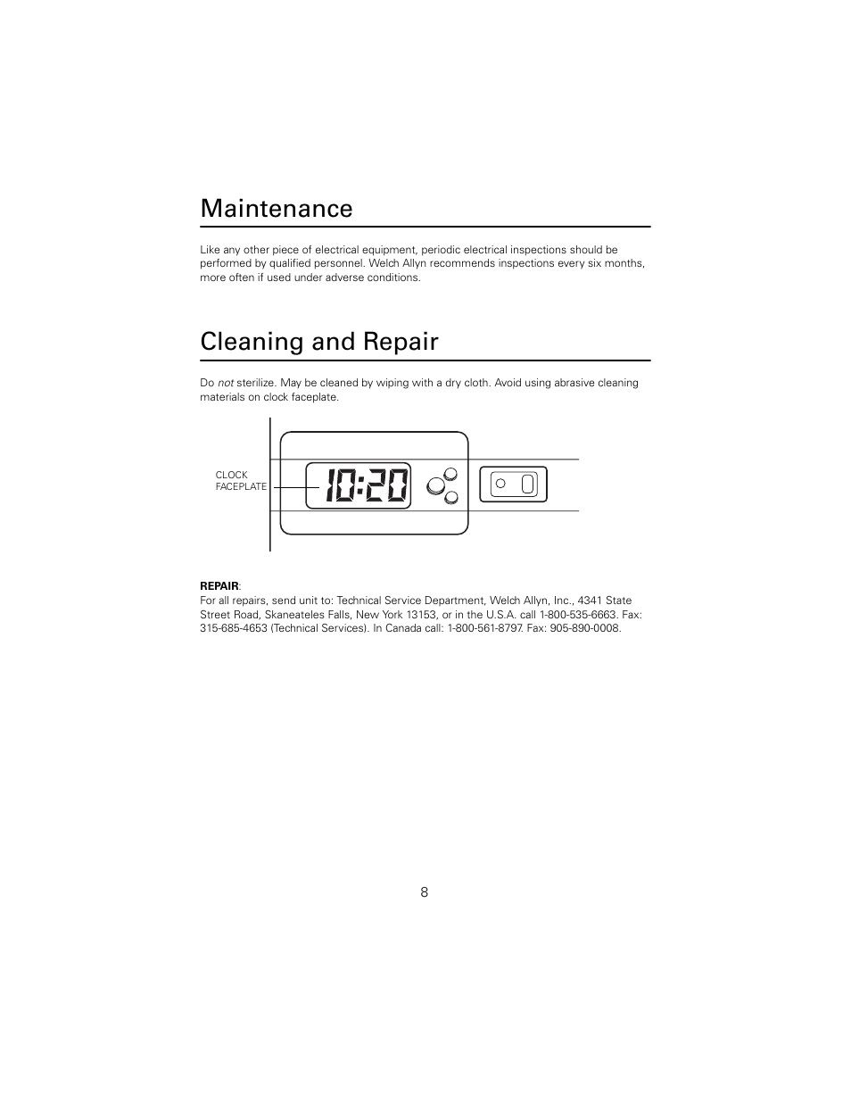 Maintenance, Cleaning and repair | Welch Allyn 767 Diagnostic System - User Manual User Manual | Page 12 / 16