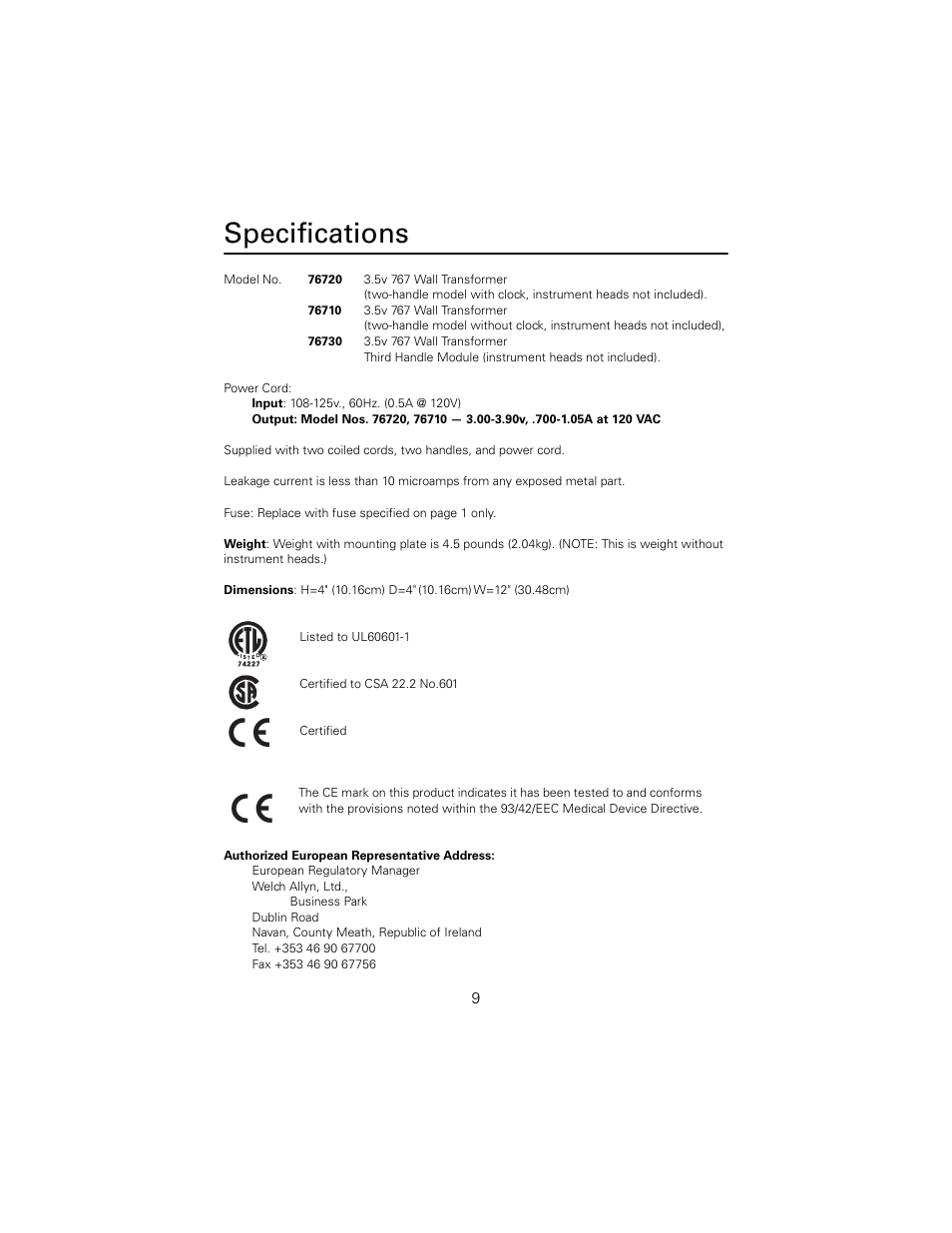 Specifications | Welch Allyn 767 Diagnostic System - User Manual User Manual | Page 13 / 16