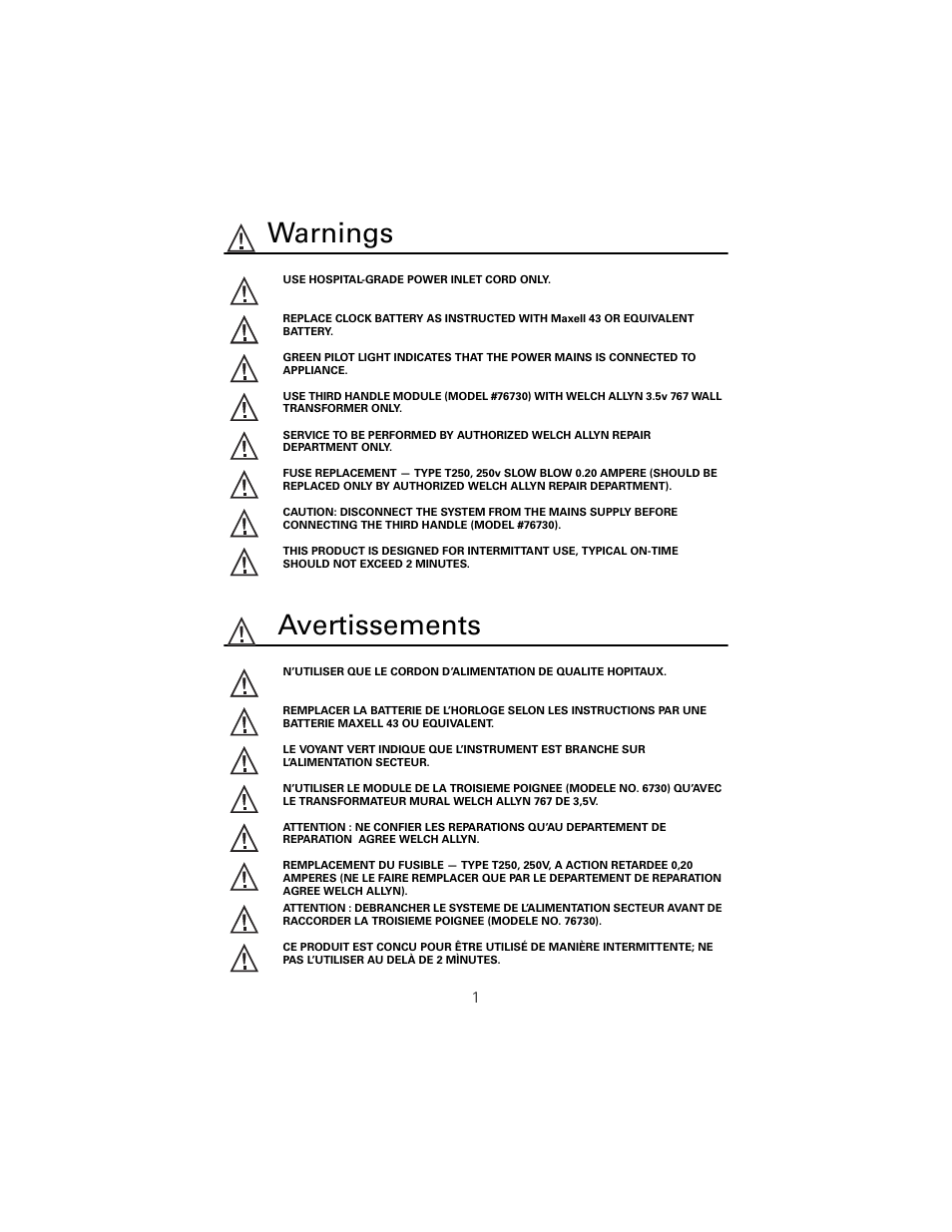 Warnings, Avertissements, Warnings avertissements | Welch Allyn 767 Diagnostic System - User Manual User Manual | Page 5 / 16
