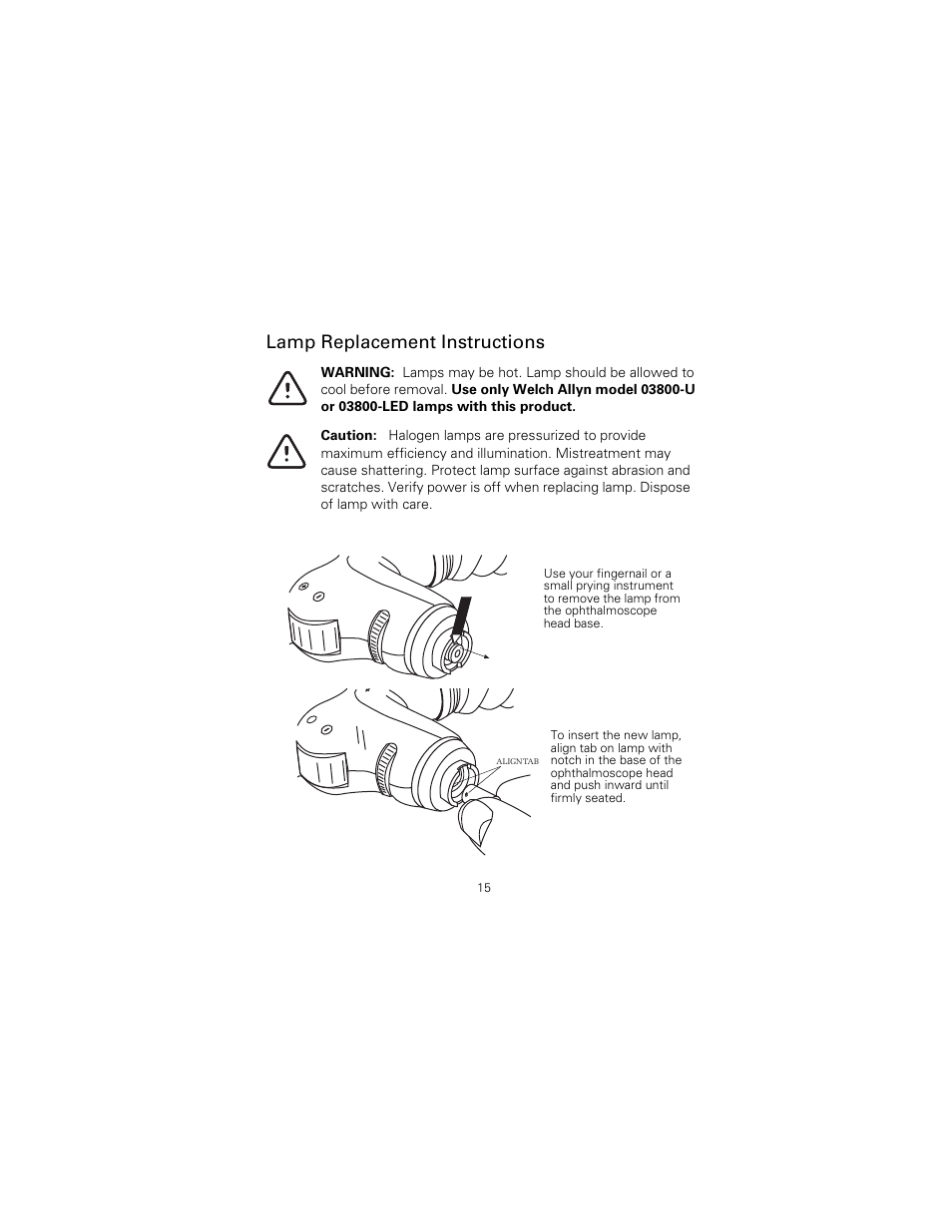 Lamp replacement instructions | Welch Allyn 118 Series PanOptic Ophthalmoscope - User Manual User Manual | Page 19 / 28
