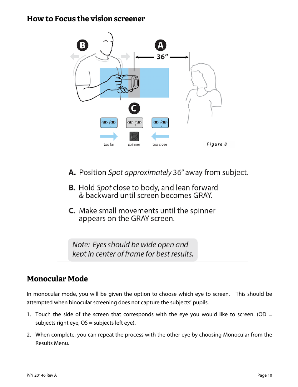 How to focus the vision screener, Monocular mode | Welch Allyn VS100 Welch Allyn Vision Screener - User Manual User Manual | Page 10 / 34