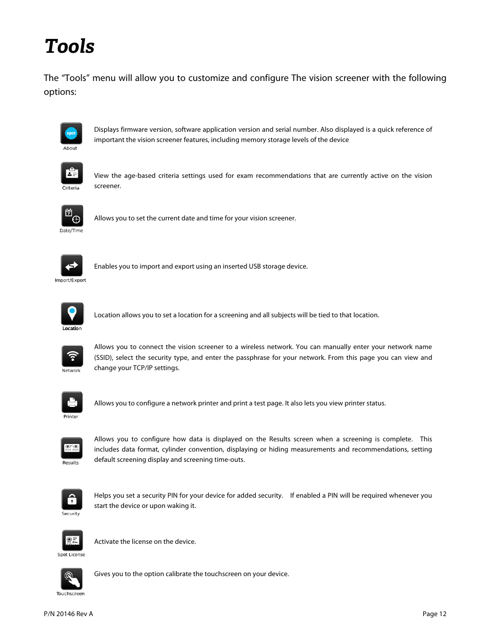 Tools | Welch Allyn VS100 Welch Allyn Vision Screener - User Manual User Manual | Page 12 / 34