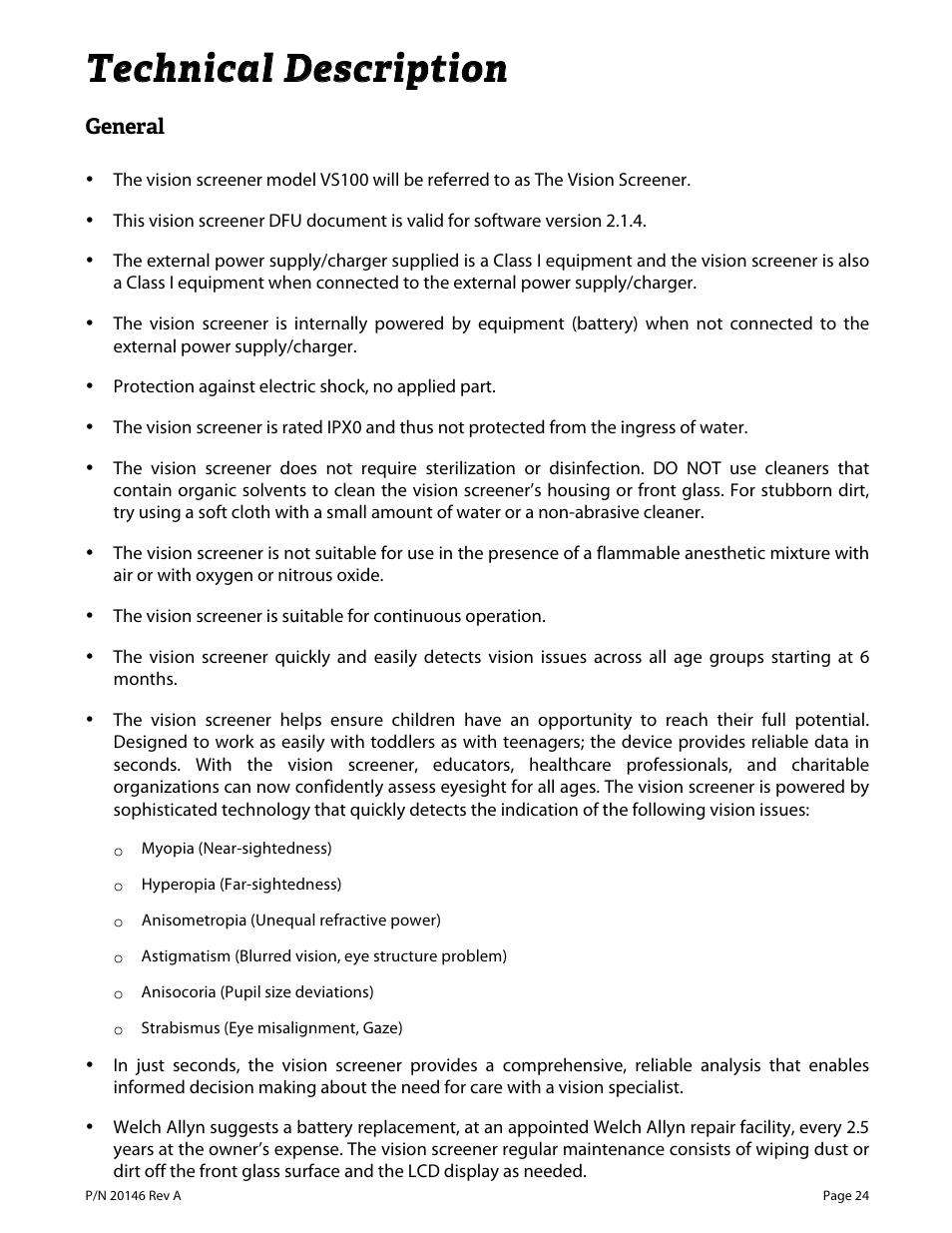 Tteecchhnniiccaall d deessccrriippttiioonn | Welch Allyn VS100 Welch Allyn Vision Screener - User Manual User Manual | Page 24 / 34