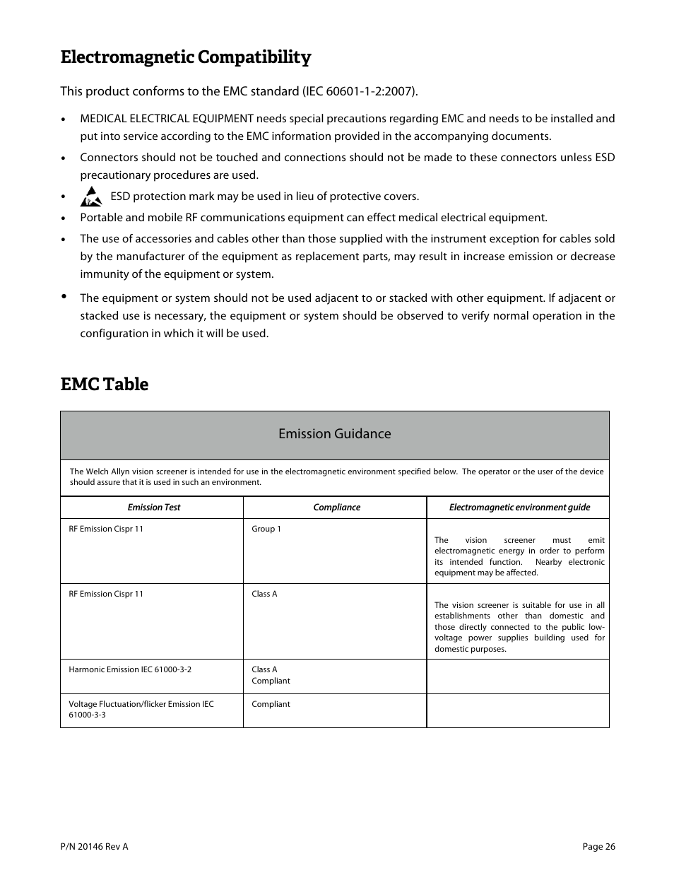 Electromagnetic compatibility, Emc table, Emission guidance | Welch Allyn VS100 Welch Allyn Vision Screener - User Manual User Manual | Page 26 / 34
