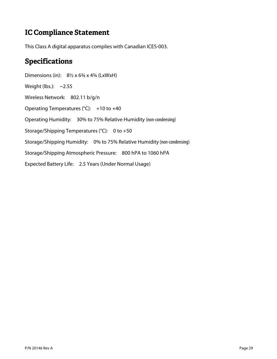 Ic compliance statement, Specifications | Welch Allyn VS100 Welch Allyn Vision Screener - User Manual User Manual | Page 29 / 34