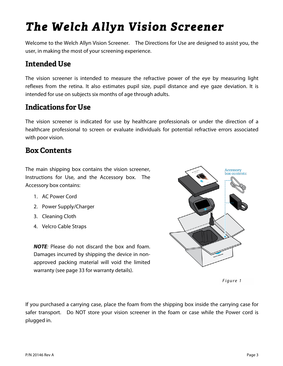 Intended use, Indications for use, Box contents | Welch Allyn VS100 Welch Allyn Vision Screener - User Manual User Manual | Page 3 / 34