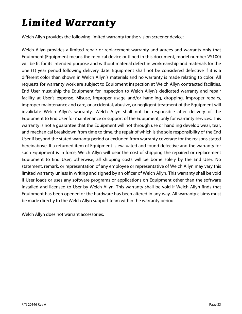 Welch Allyn VS100 Welch Allyn Vision Screener - User Manual User Manual | Page 33 / 34