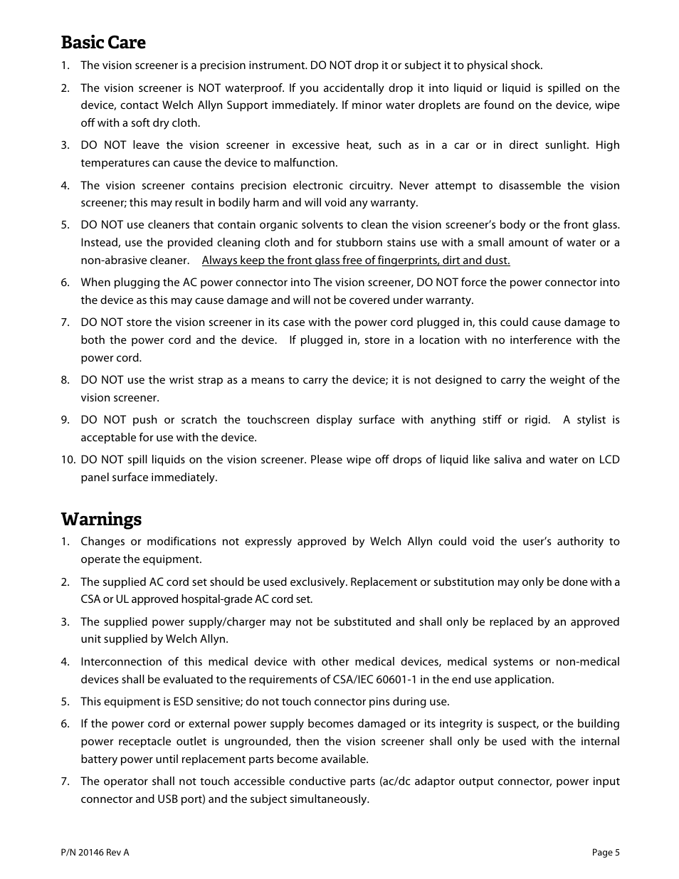 Basic care, Warnings | Welch Allyn VS100 Welch Allyn Vision Screener - User Manual User Manual | Page 5 / 34