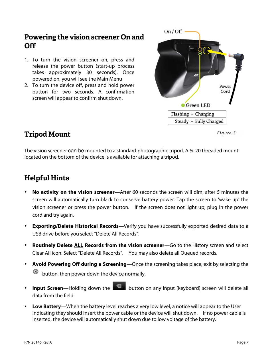 Powering the vision screener on and off, Tripod mount, Helpful hints | Welch Allyn VS100 Welch Allyn Vision Screener - User Manual User Manual | Page 7 / 34