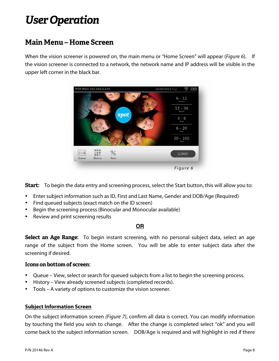 User operation, Main menu – home screen | Welch Allyn VS100 Welch Allyn Vision Screener - User Manual User Manual | Page 8 / 34