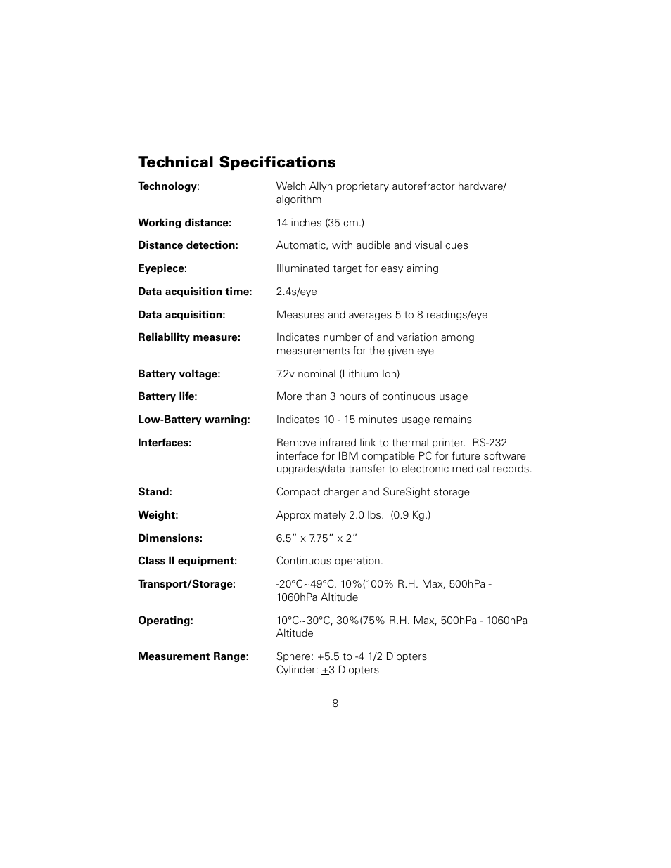 Technical specifications | Welch Allyn SureSight Vision Screener - User Manual User Manual | Page 12 / 36
