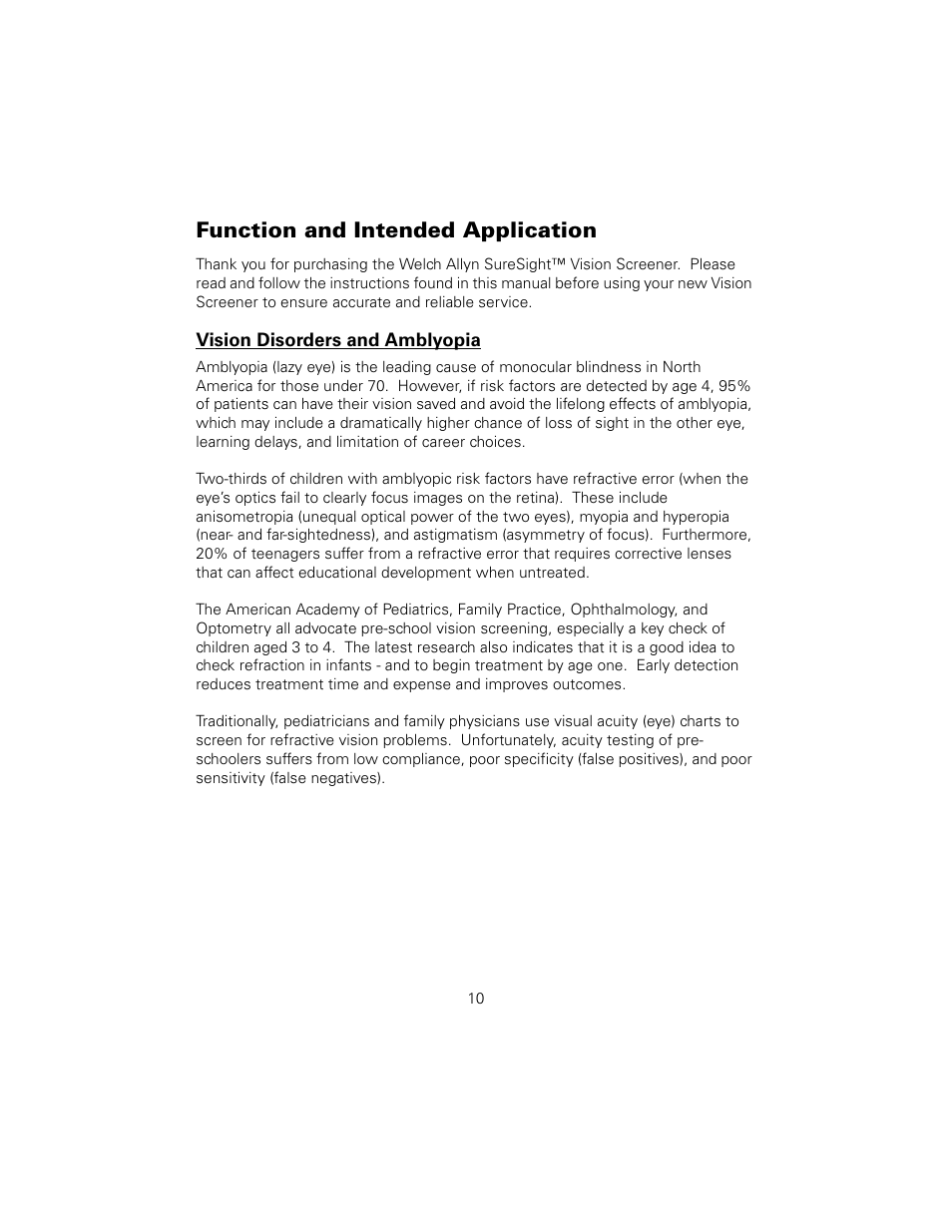 Function and intended application, Vision disorders and amblyopia | Welch Allyn SureSight Vision Screener - User Manual User Manual | Page 14 / 36
