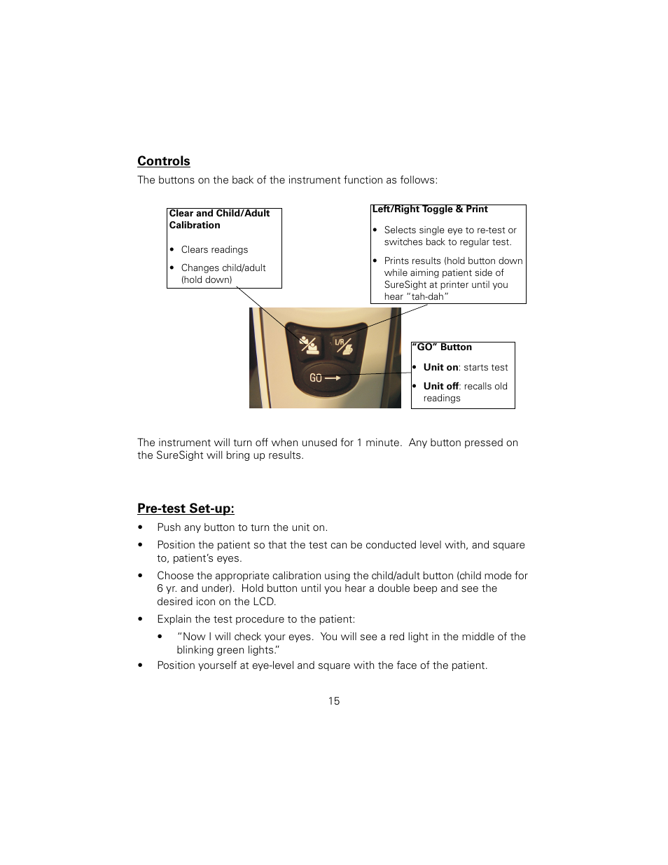 Controls, Pre-test set-up, Controls pre-test set-up | Welch Allyn SureSight Vision Screener - User Manual User Manual | Page 19 / 36