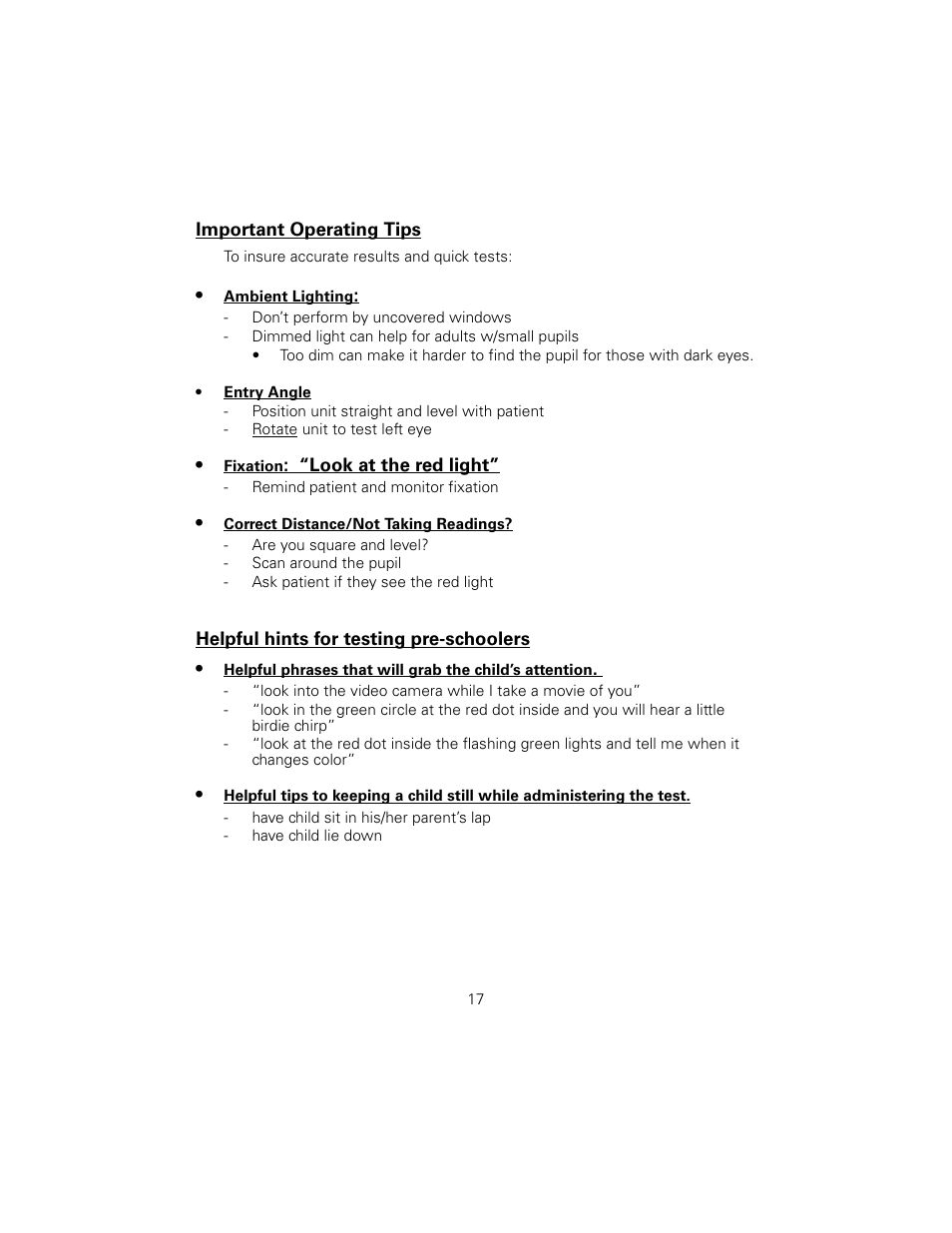 Important operating tips, Ambient lighting, Entry angle | Fixation: “look at the red light, Correct distance/not taking readings, Helpful hints for testing pre-schoolers | Welch Allyn SureSight Vision Screener - User Manual User Manual | Page 21 / 36