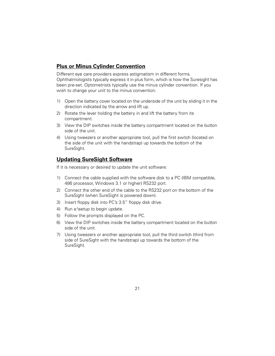 Plus or minus cylinder convention, Updating suresight software, 4) run a:\setup to begin update | 5) follow the prompts displayed on the pc | Welch Allyn SureSight Vision Screener - User Manual User Manual | Page 25 / 36