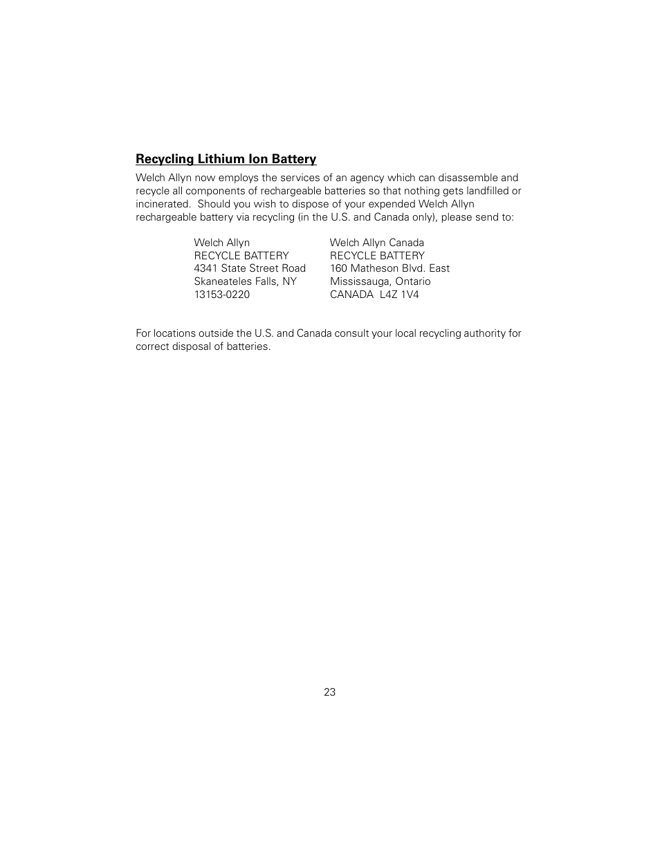Recycling lithium ion battery | Welch Allyn SureSight Vision Screener - User Manual User Manual | Page 27 / 36