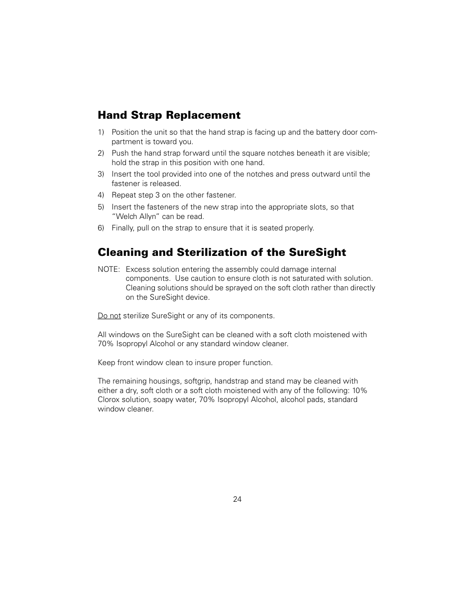 Hand strap replacement, 4) repeat step 3 on the other fastener, Cleaning and sterilization of the suresight | Welch Allyn SureSight Vision Screener - User Manual User Manual | Page 28 / 36