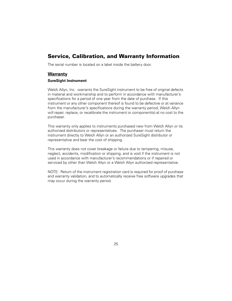 Service, calibration, and warranty information, Warranty | Welch Allyn SureSight Vision Screener - User Manual User Manual | Page 29 / 36