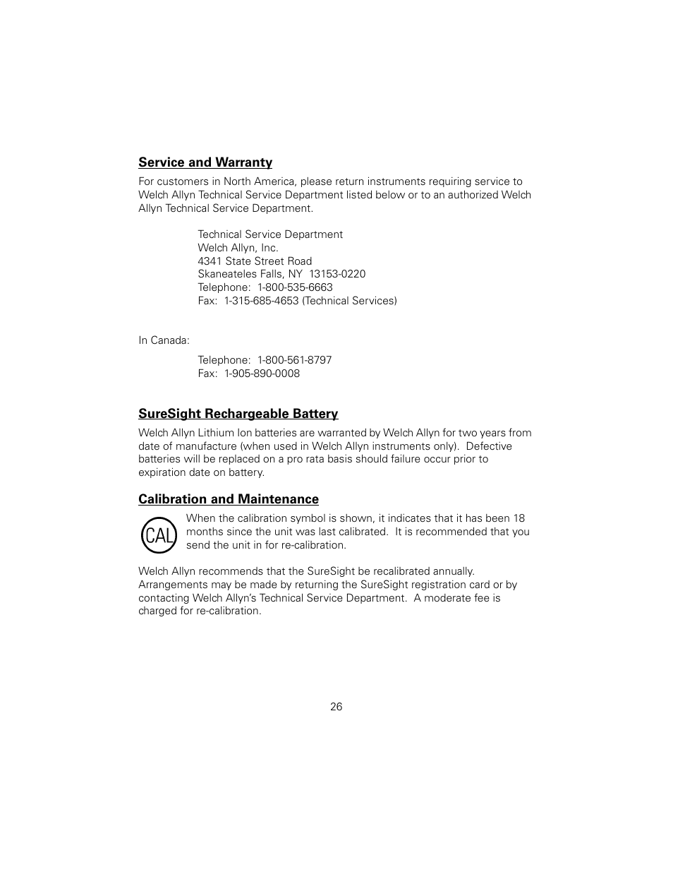 Service and warranty, Suresight rechargeable battery, Calibration and maintenance | Welch Allyn SureSight Vision Screener - User Manual User Manual | Page 30 / 36