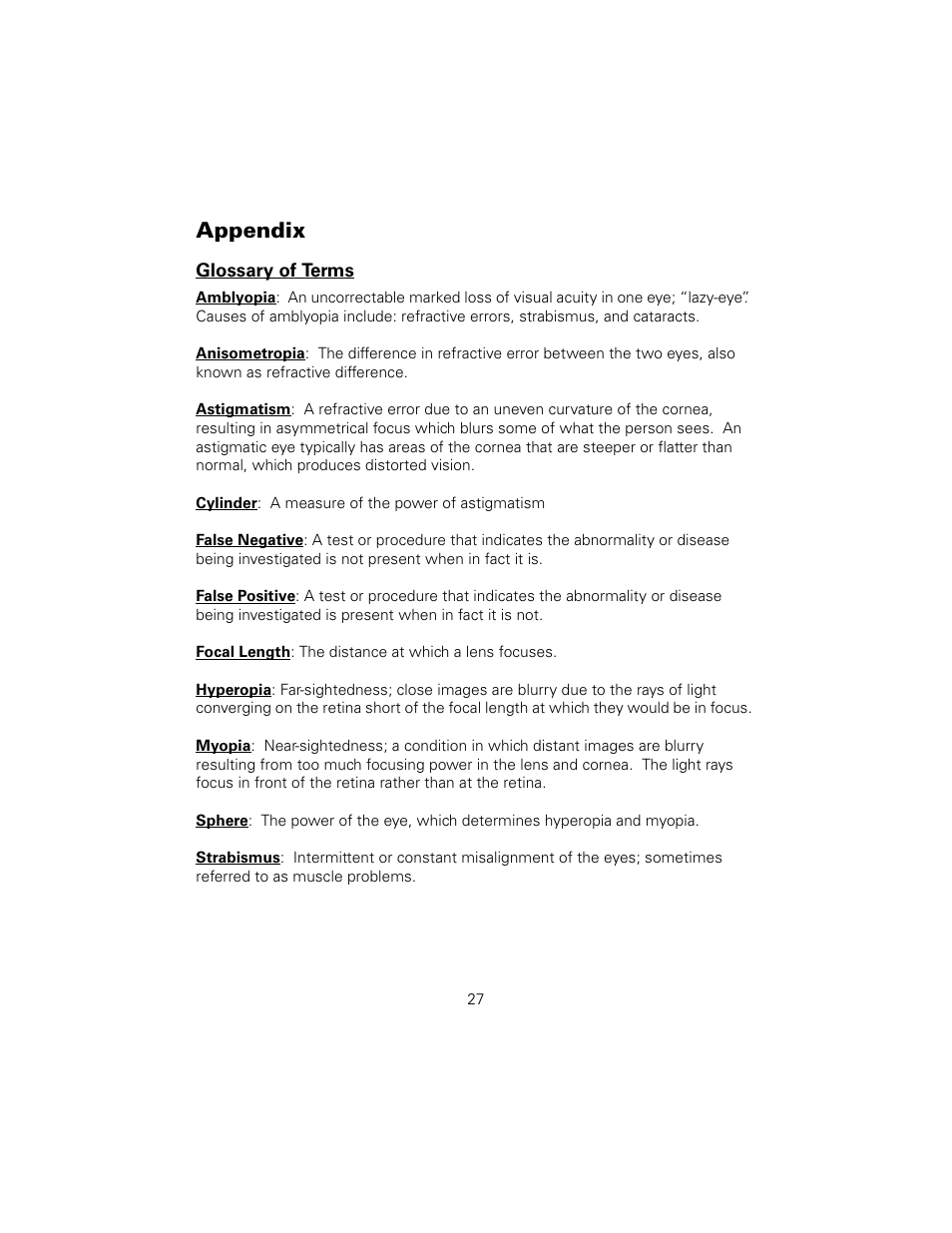 Appendix, Glossary of terms | Welch Allyn SureSight Vision Screener - User Manual User Manual | Page 31 / 36