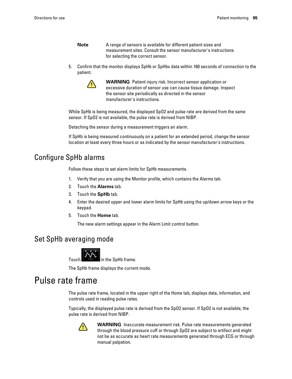 Configure sphb alarms, Set sphb averaging mode, Pulse rate frame | Welch Allyn Connex Integrated Wall System - User Manual User Manual | Page 101 / 161