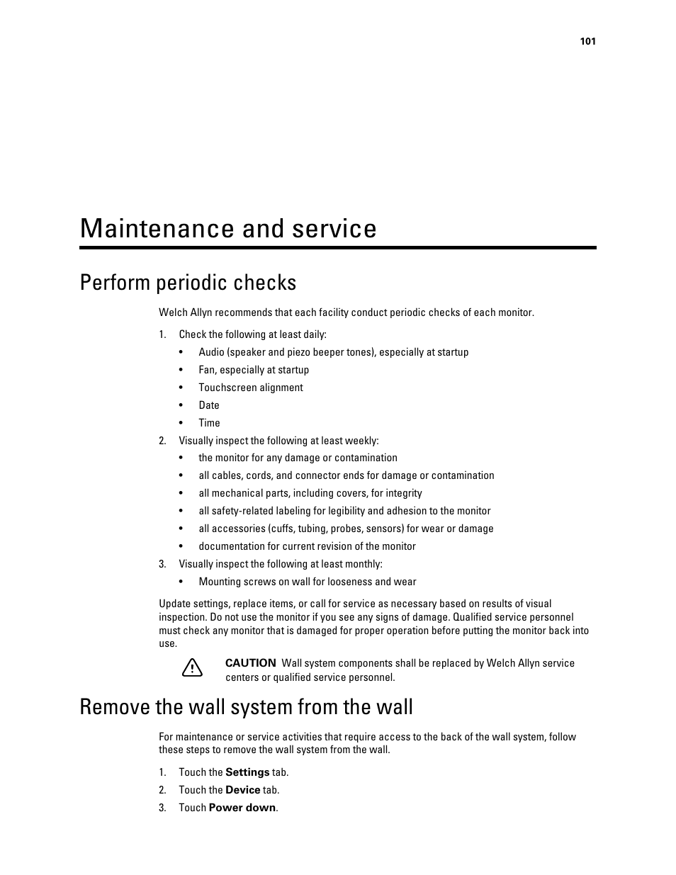 Maintenance and service, Perform periodic checks, Remove the wall system from the wall | Welch Allyn Connex Integrated Wall System - User Manual User Manual | Page 107 / 161