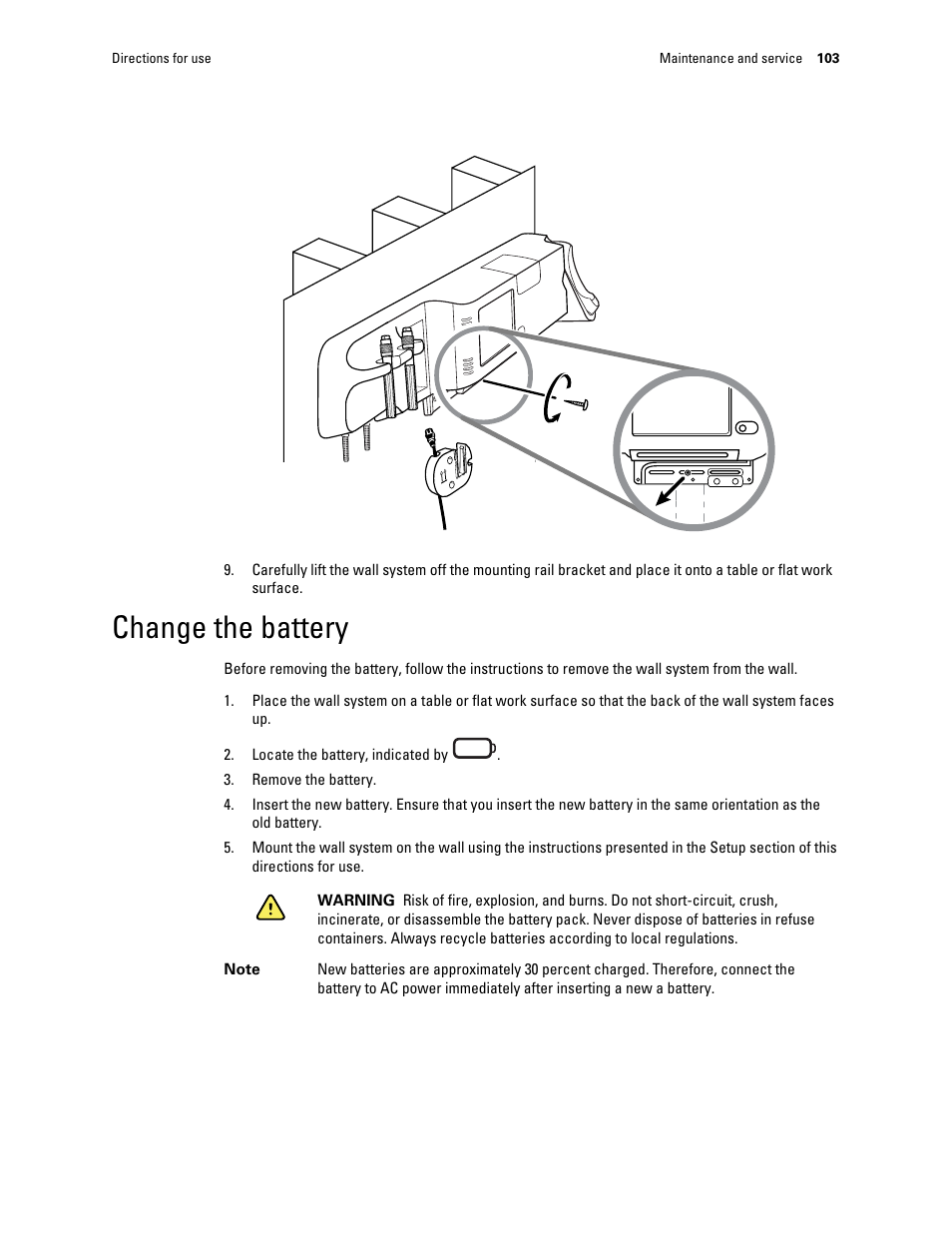 Change the battery | Welch Allyn Connex Integrated Wall System - User Manual User Manual | Page 109 / 161