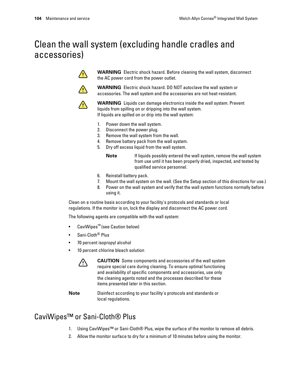 Caviwipes™ or sani-cloth® plus | Welch Allyn Connex Integrated Wall System - User Manual User Manual | Page 110 / 161