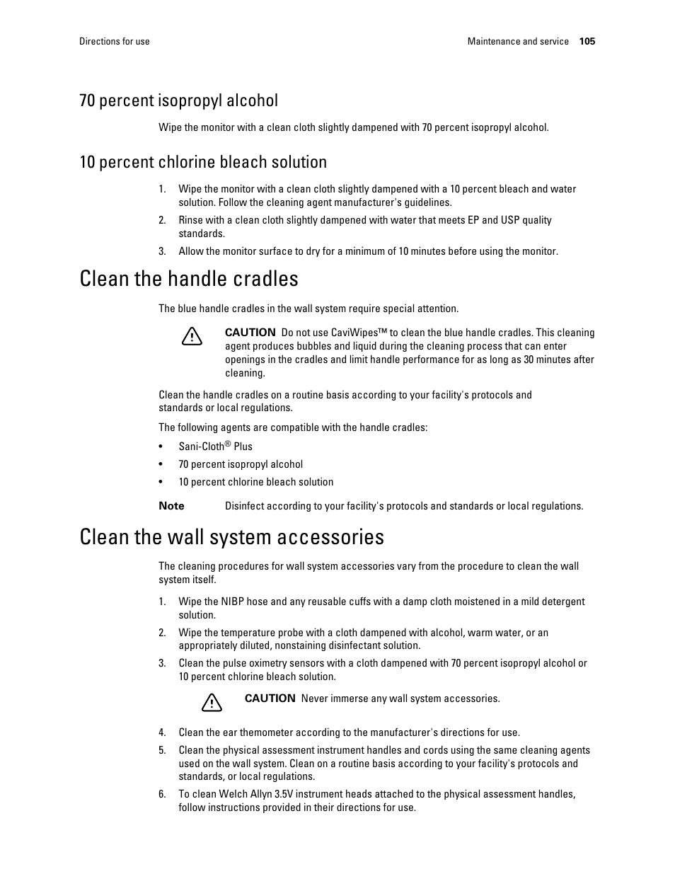 70 percent isopropyl alcohol, 10 percent chlorine bleach solution, Clean the handle cradles | Clean the wall system accessories | Welch Allyn Connex Integrated Wall System - User Manual User Manual | Page 111 / 161