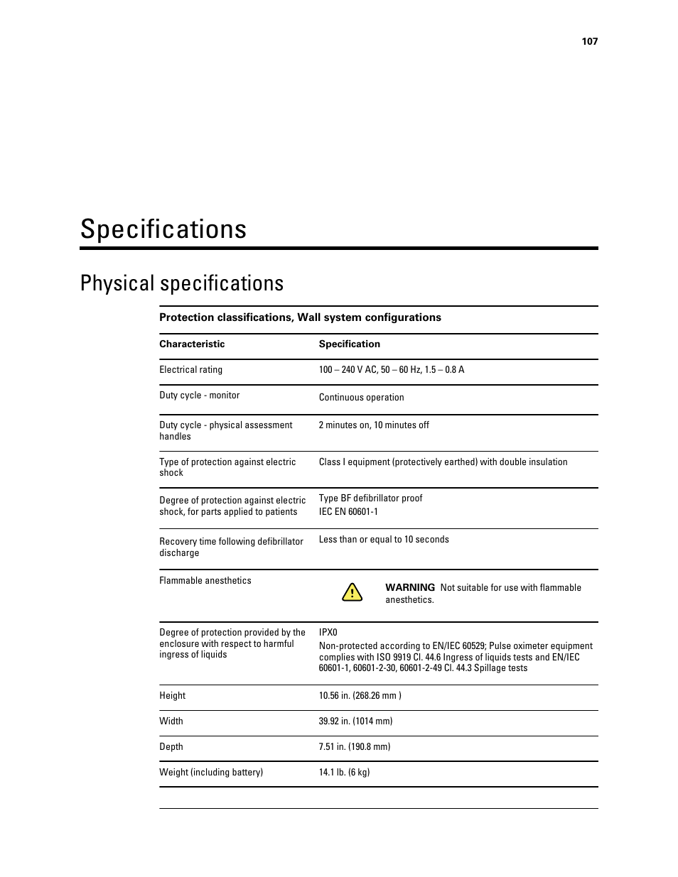 Specifications, Physical specifications | Welch Allyn Connex Integrated Wall System - User Manual User Manual | Page 113 / 161