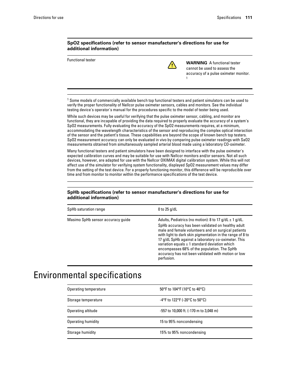 Environmental specifications | Welch Allyn Connex Integrated Wall System - User Manual User Manual | Page 117 / 161