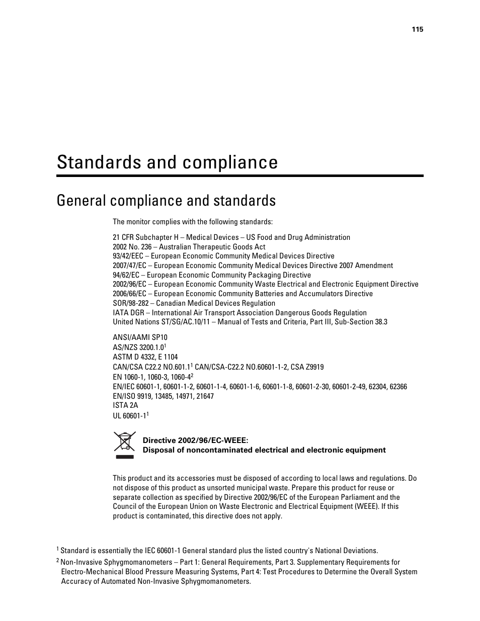 Standards and compliance, General compliance and standards | Welch Allyn Connex Integrated Wall System - User Manual User Manual | Page 121 / 161