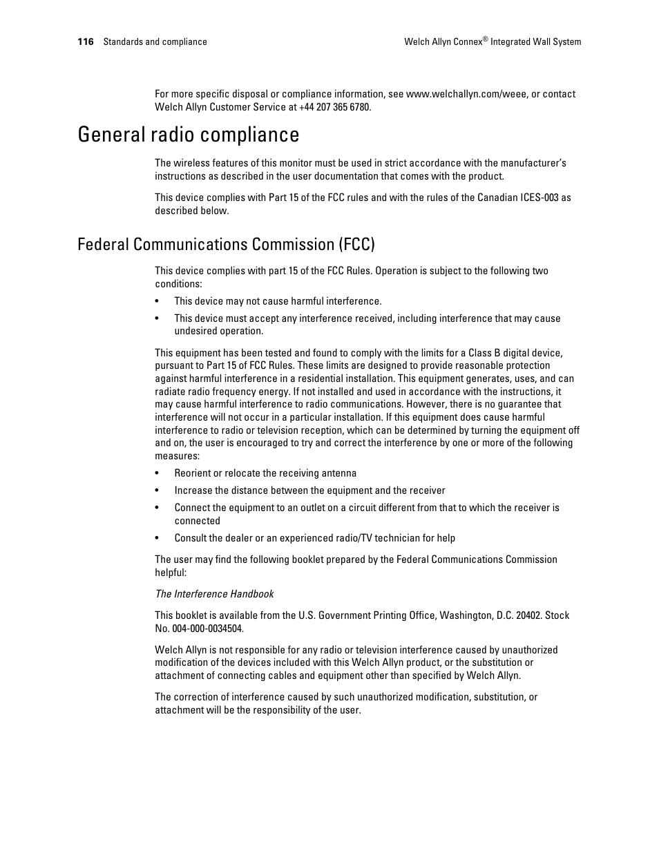 General radio compliance, Federal communications commission (fcc) | Welch Allyn Connex Integrated Wall System - User Manual User Manual | Page 122 / 161