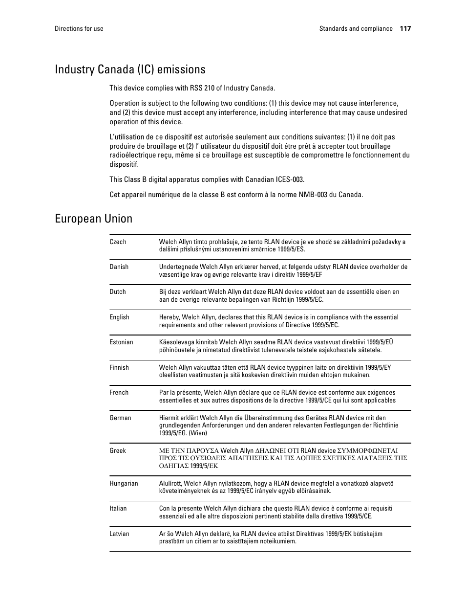 Industry canada (ic) emissions, European union | Welch Allyn Connex Integrated Wall System - User Manual User Manual | Page 123 / 161