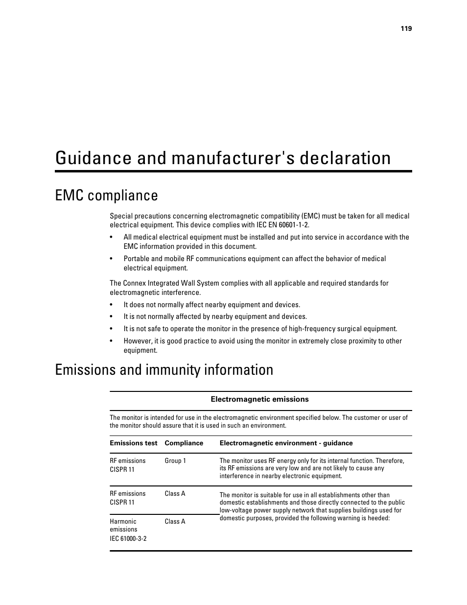 Guidance and manufacturer's declaration, Emc compliance, Emissions and immunity information | Welch Allyn Connex Integrated Wall System - User Manual User Manual | Page 125 / 161