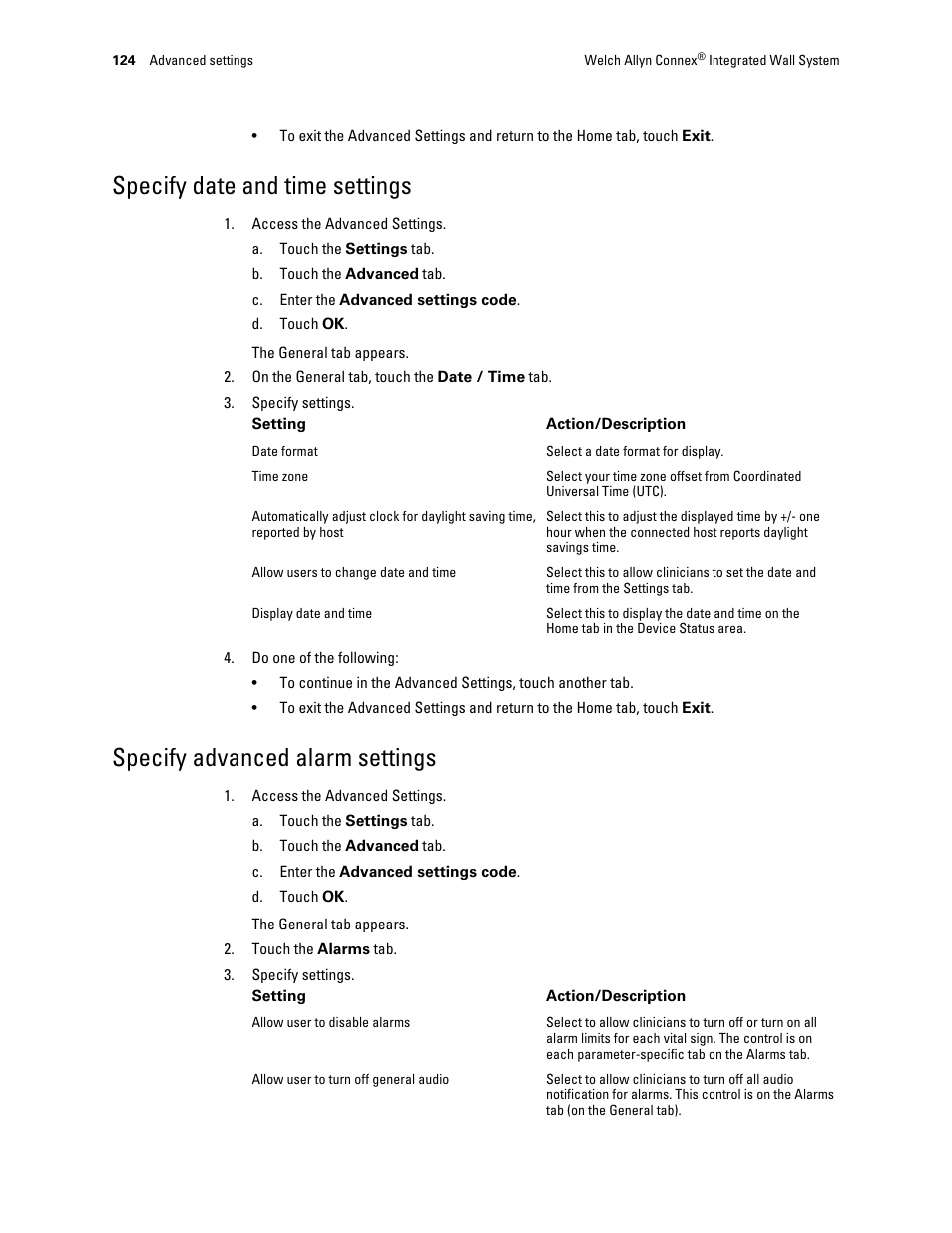 Specify date and time settings, Specify advanced alarm settings | Welch Allyn Connex Integrated Wall System - User Manual User Manual | Page 130 / 161