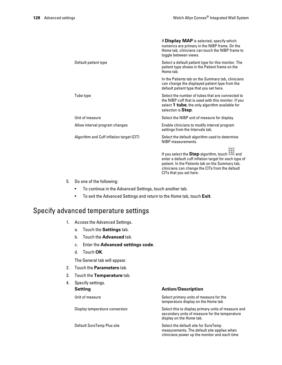 Specify advanced temperature settings | Welch Allyn Connex Integrated Wall System - User Manual User Manual | Page 134 / 161