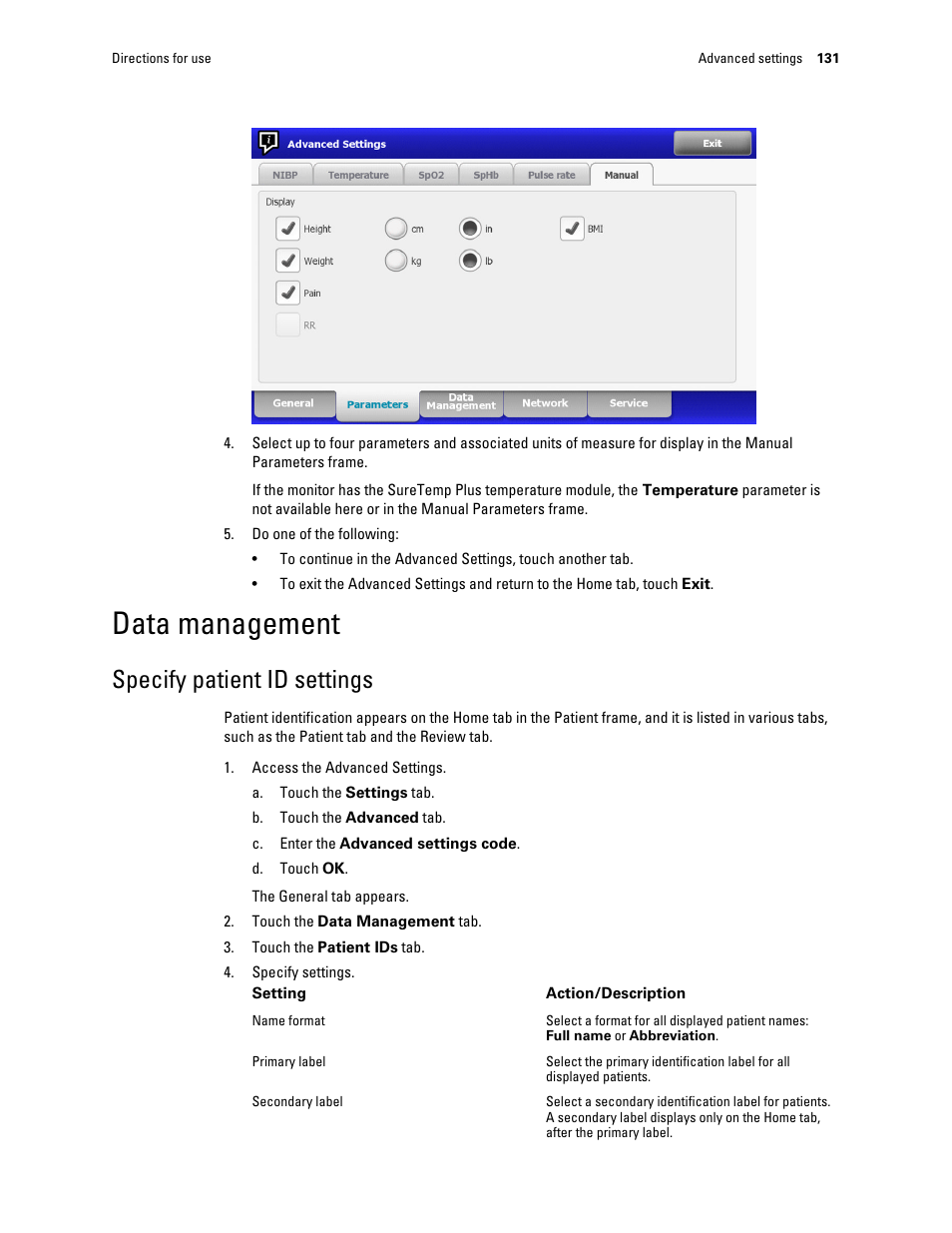 Data management, Specify patient id settings | Welch Allyn Connex Integrated Wall System - User Manual User Manual | Page 137 / 161