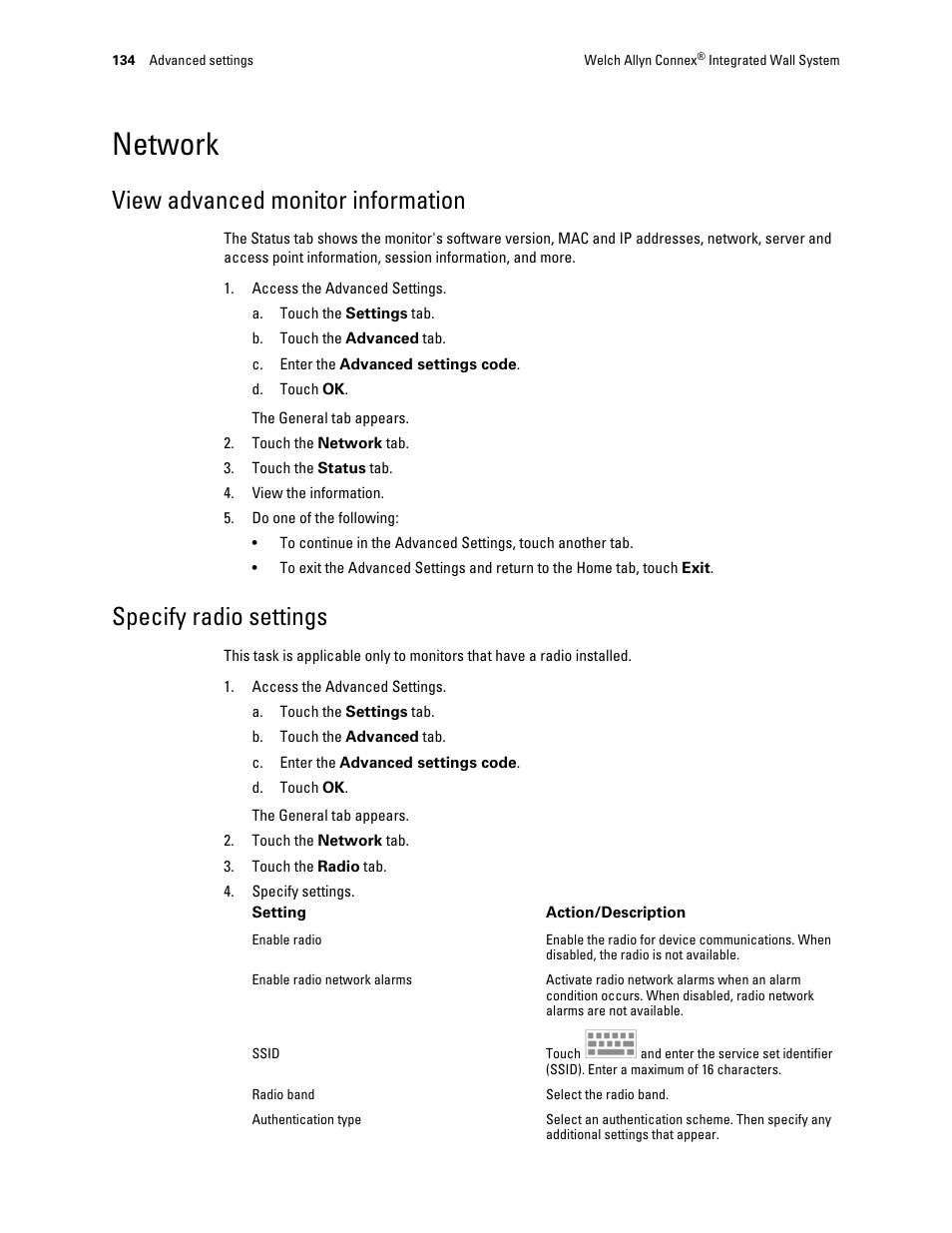 Network, View advanced monitor information, Specify radio settings | Welch Allyn Connex Integrated Wall System - User Manual User Manual | Page 140 / 161