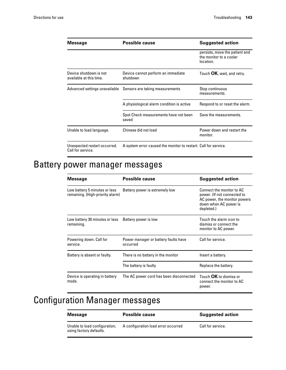 Battery power manager messages, Configuration manager messages | Welch Allyn Connex Integrated Wall System - User Manual User Manual | Page 149 / 161