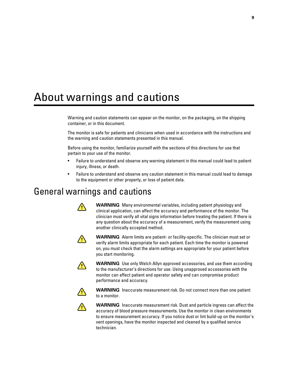 About warnings and cautions, General warnings and cautions | Welch Allyn Connex Integrated Wall System - User Manual User Manual | Page 15 / 161