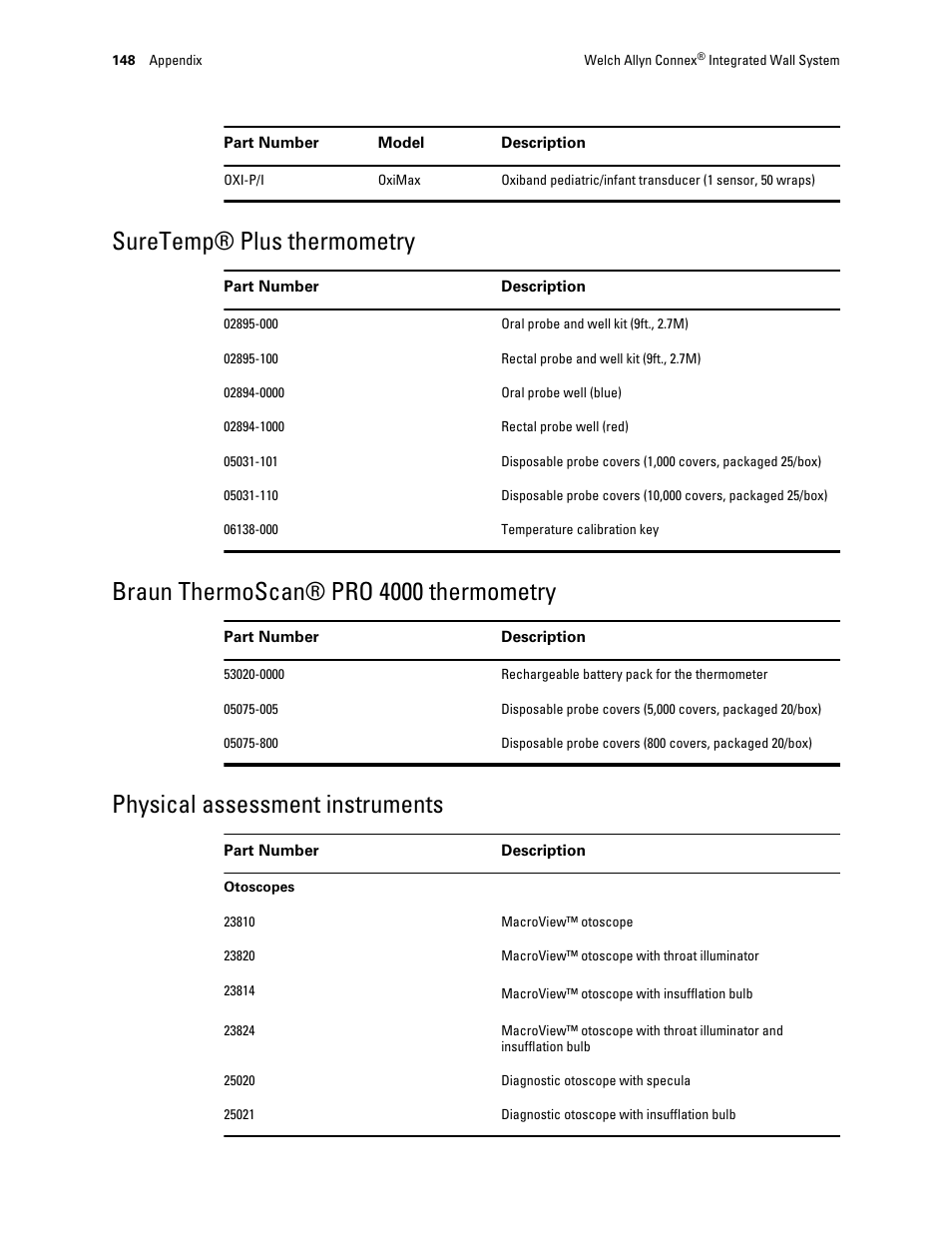 Suretemp® plus thermometry, Braun thermoscan® pro 4000 thermometry, Physical assessment instruments | Welch Allyn Connex Integrated Wall System - User Manual User Manual | Page 154 / 161