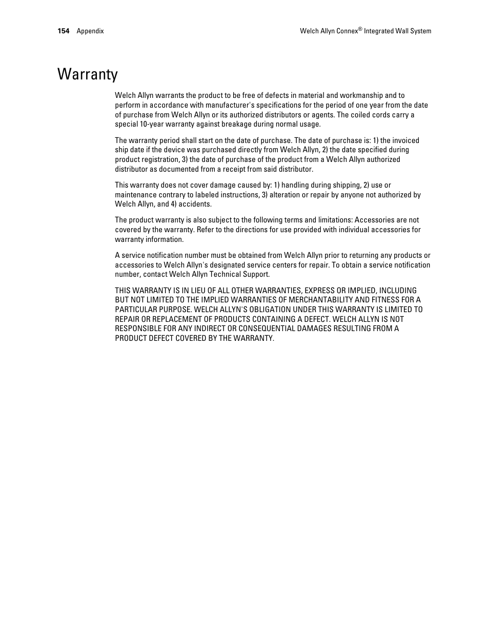 Warranty | Welch Allyn Connex Integrated Wall System - User Manual User Manual | Page 160 / 161