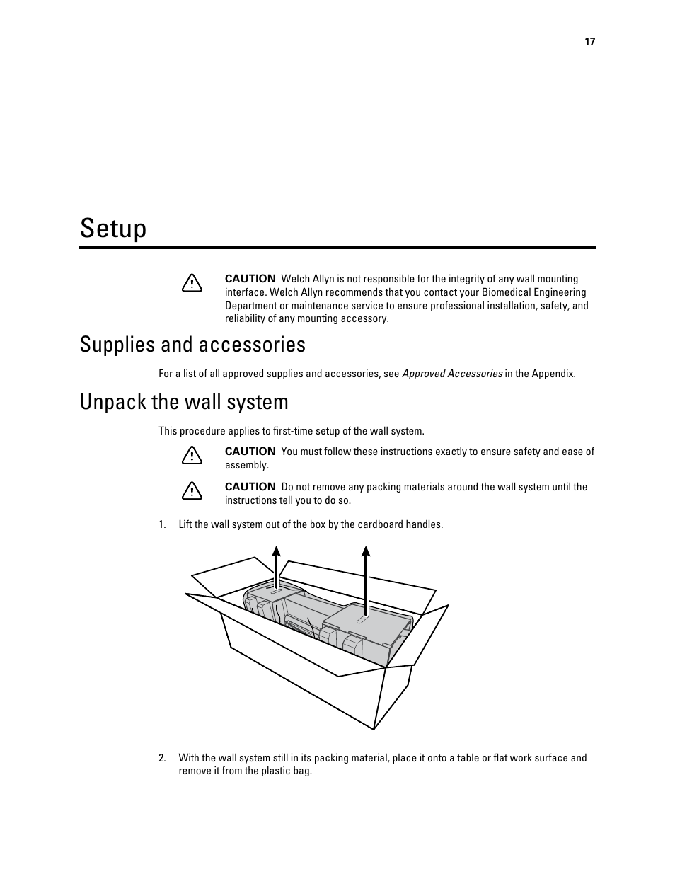 Setup, Supplies and accessories, Unpack the wall system | Welch Allyn Connex Integrated Wall System - User Manual User Manual | Page 23 / 161