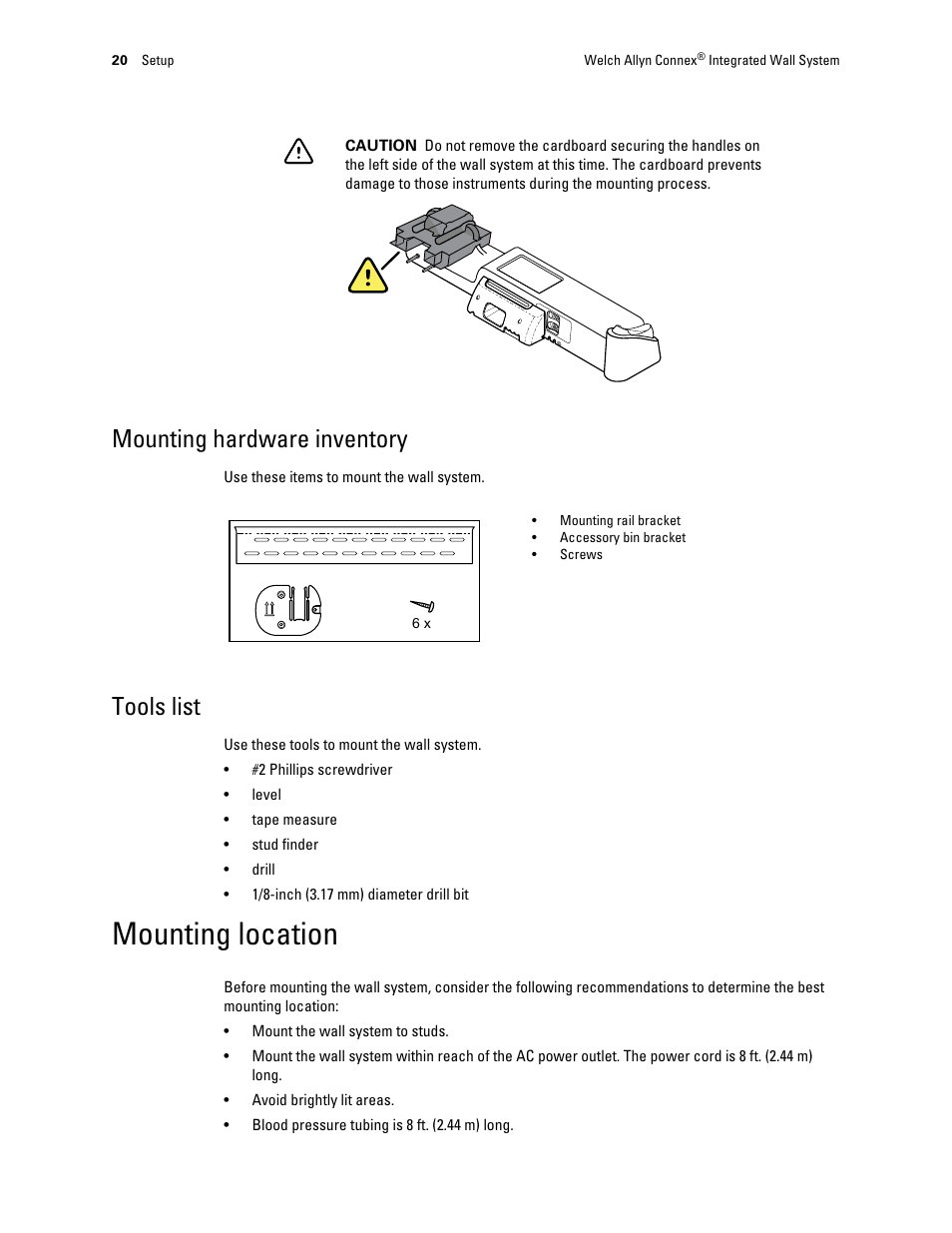 Mounting hardware inventory, Tools list, Mounting location | Welch Allyn Connex Integrated Wall System - User Manual User Manual | Page 26 / 161