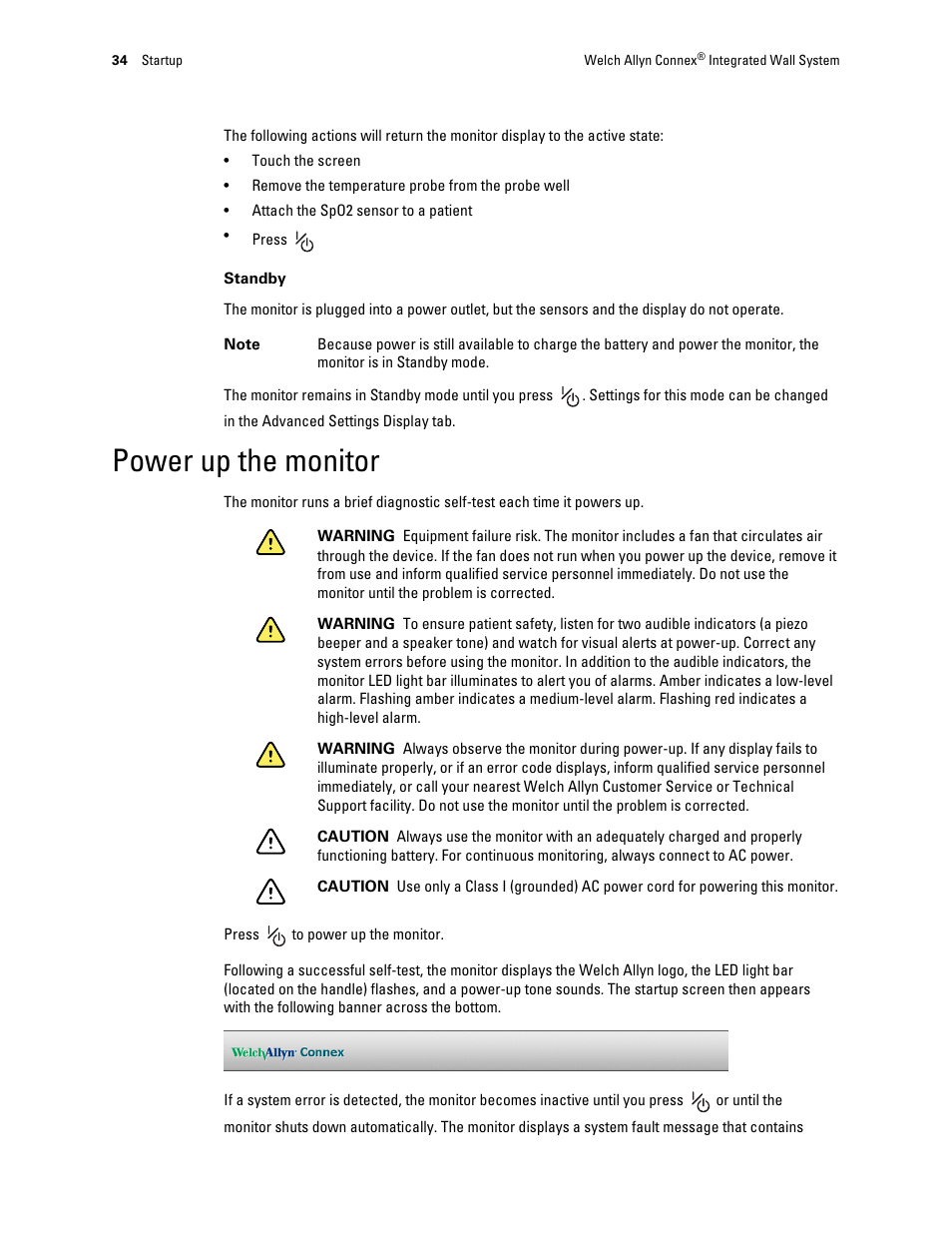 Power up the monitor | Welch Allyn Connex Integrated Wall System - User Manual User Manual | Page 40 / 161